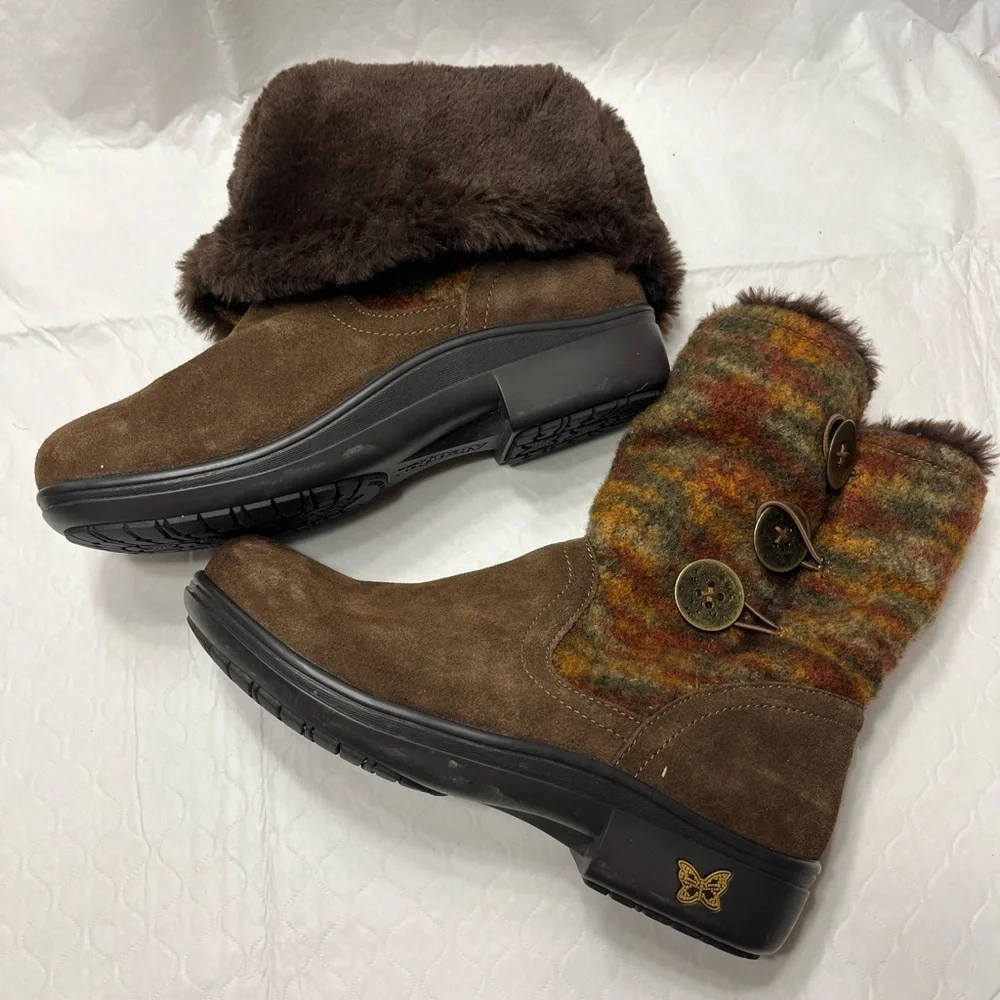 Alegria Nanook Boots Brown Suede Leather Faux Fur Lined Women Size 39 EU Cute